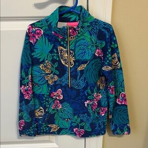 Lilly Pulitzer Navy, Teal & Pink Tropical Pullover, Girls’ size large.